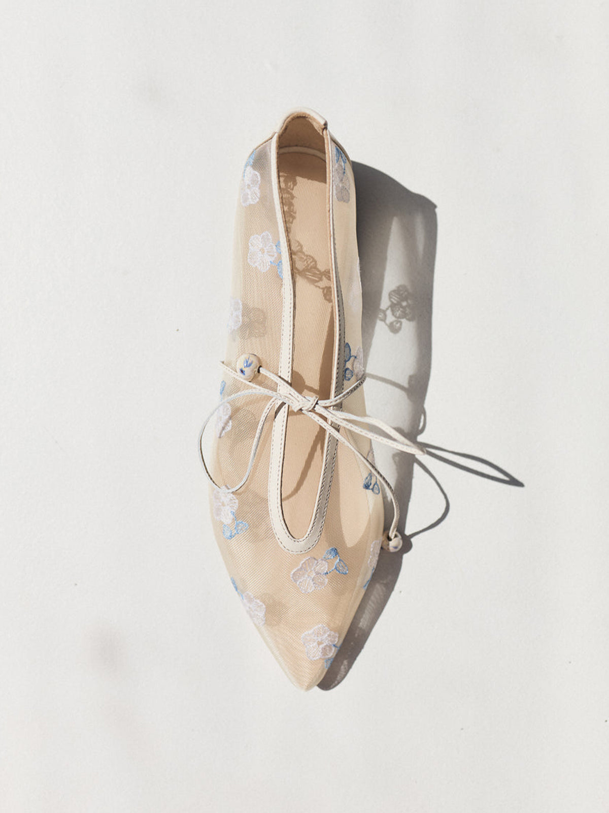 Cream Mesh Pointed-Toe Wildflowers Embroidery Mary Jane Ballet Flats