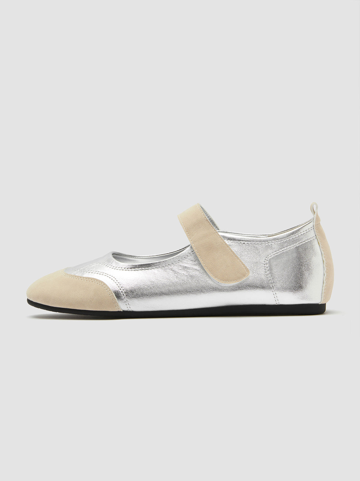 Contrast Beige And Silver Round-Toe Chic Mary Jane Strap Flats
