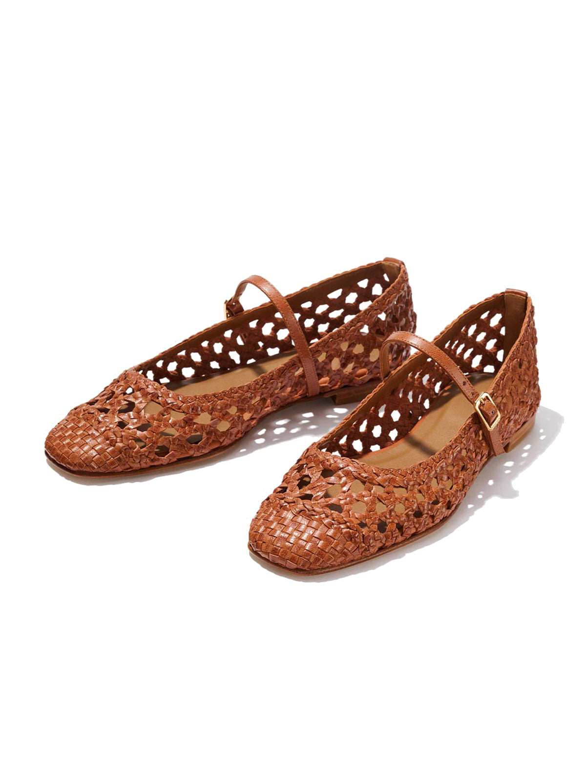 Brown Woven Vegan Leather Square-Toe Chic Mary Jane Flats