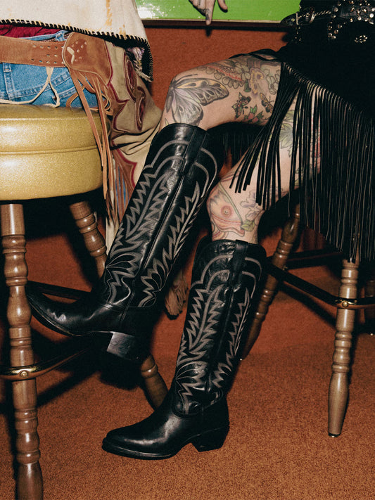 Western Embroidery Almond-Toe Tall Knee High Cowgirl Boots - Black