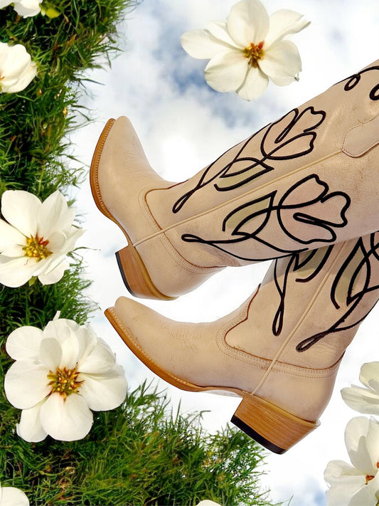 Distressed White Snip-Toe Stylish Embroidery Wide Calf Knee High Cowgirl Boots