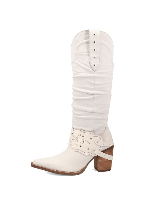 Ivory Snip-Toe Slouchy And Double Studded Straps Wide Calf Knee High Cowgirl Boots