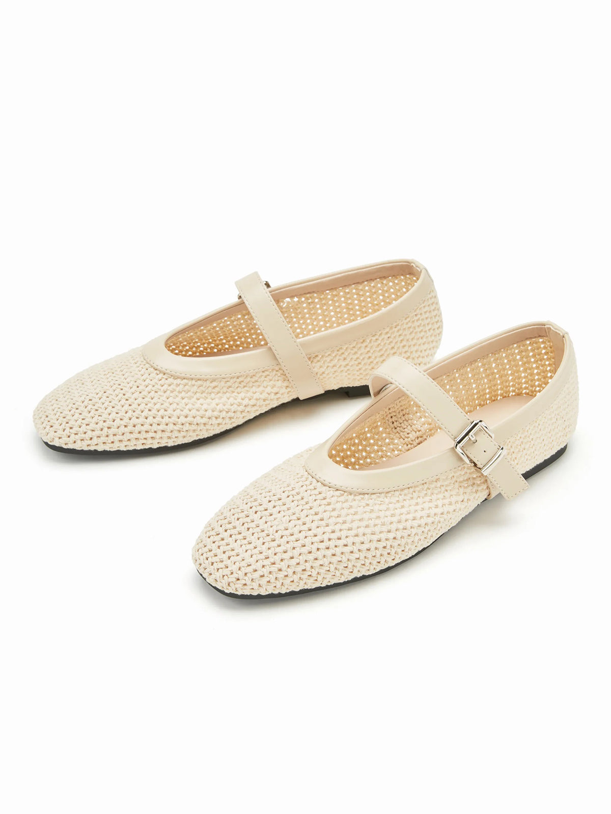 Cream Woven Square-Toe Classic Mary Jane Flats