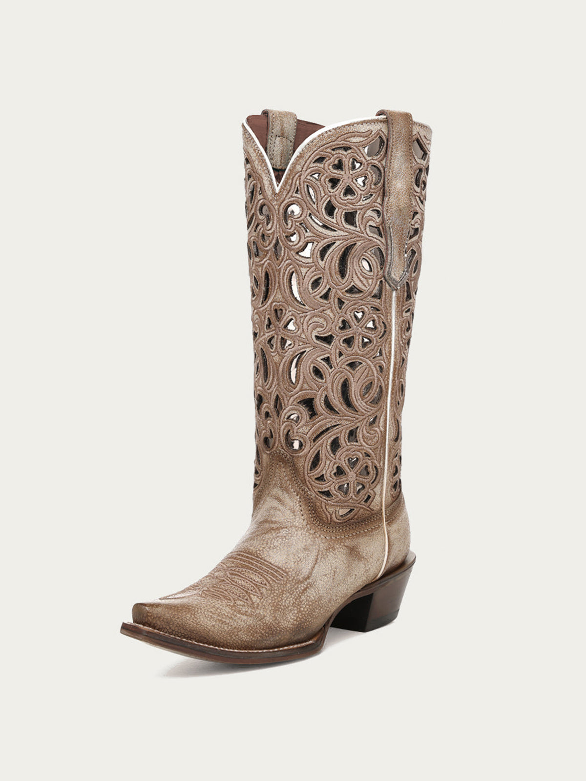 Taupe Snip-Toe Inlay And Floral Embroidery Chic Mid Calf Cowgirl Boots