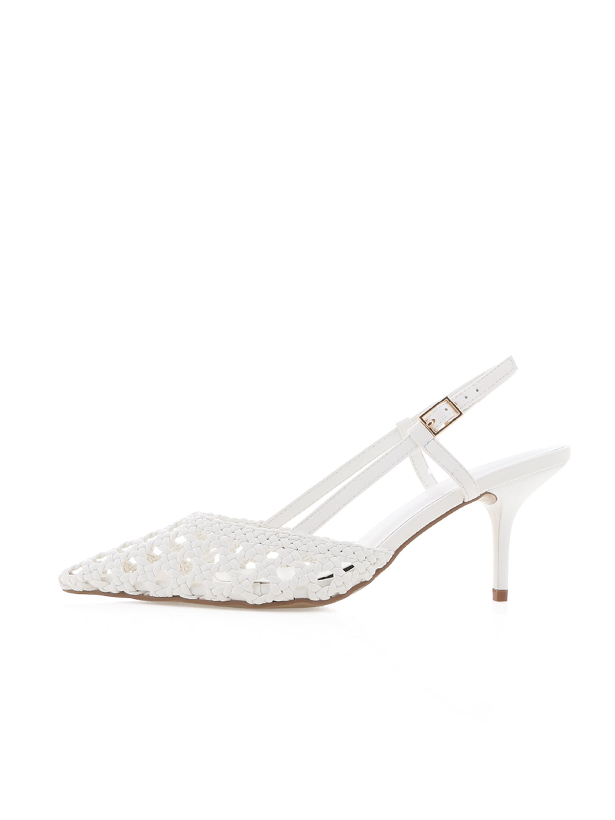 White Vegan Leather Woven Pointed-Toe Slingback Kitten Heels