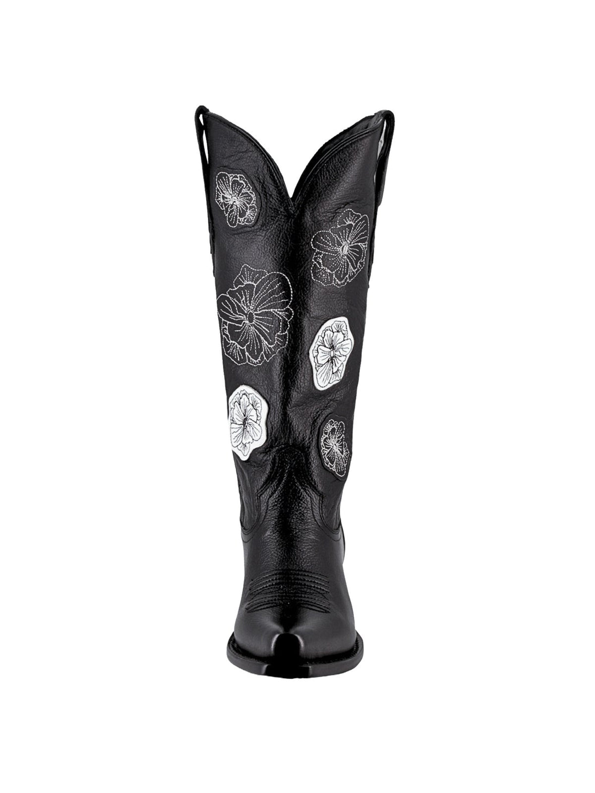 Black Snip-Toe Flowers Applique Chic Mid Calf Cowgirl Boots