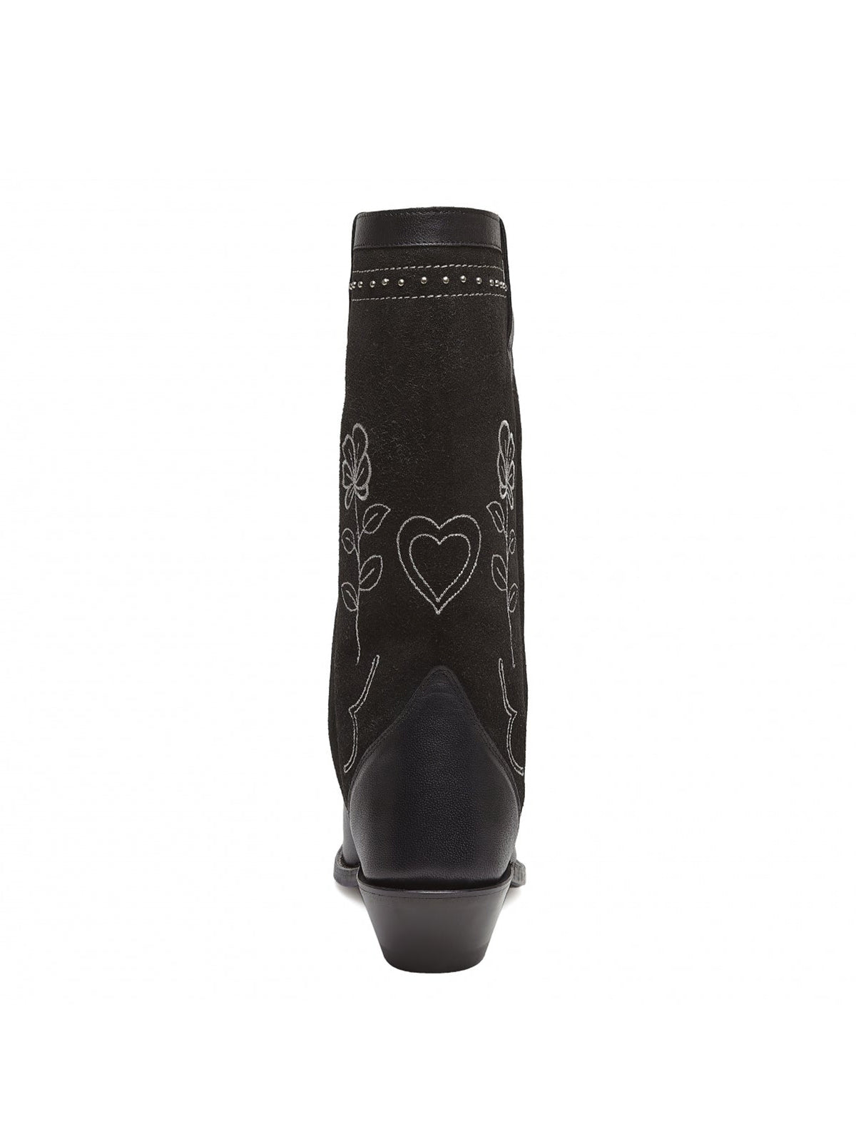 Black Faux Suede Studs Snip-Toe Applique Cowgirl Wesern Mid Calf Boots