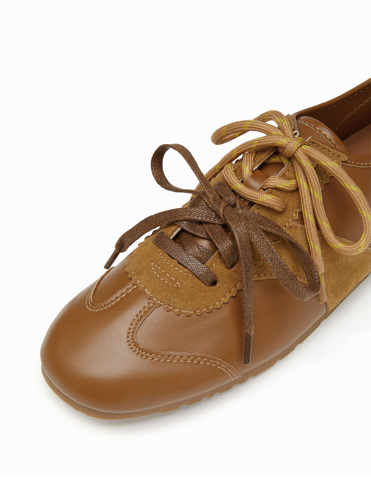 Brown Cow Suede And Cow Leather Square-Toe Lace-Up Flats Sneakers