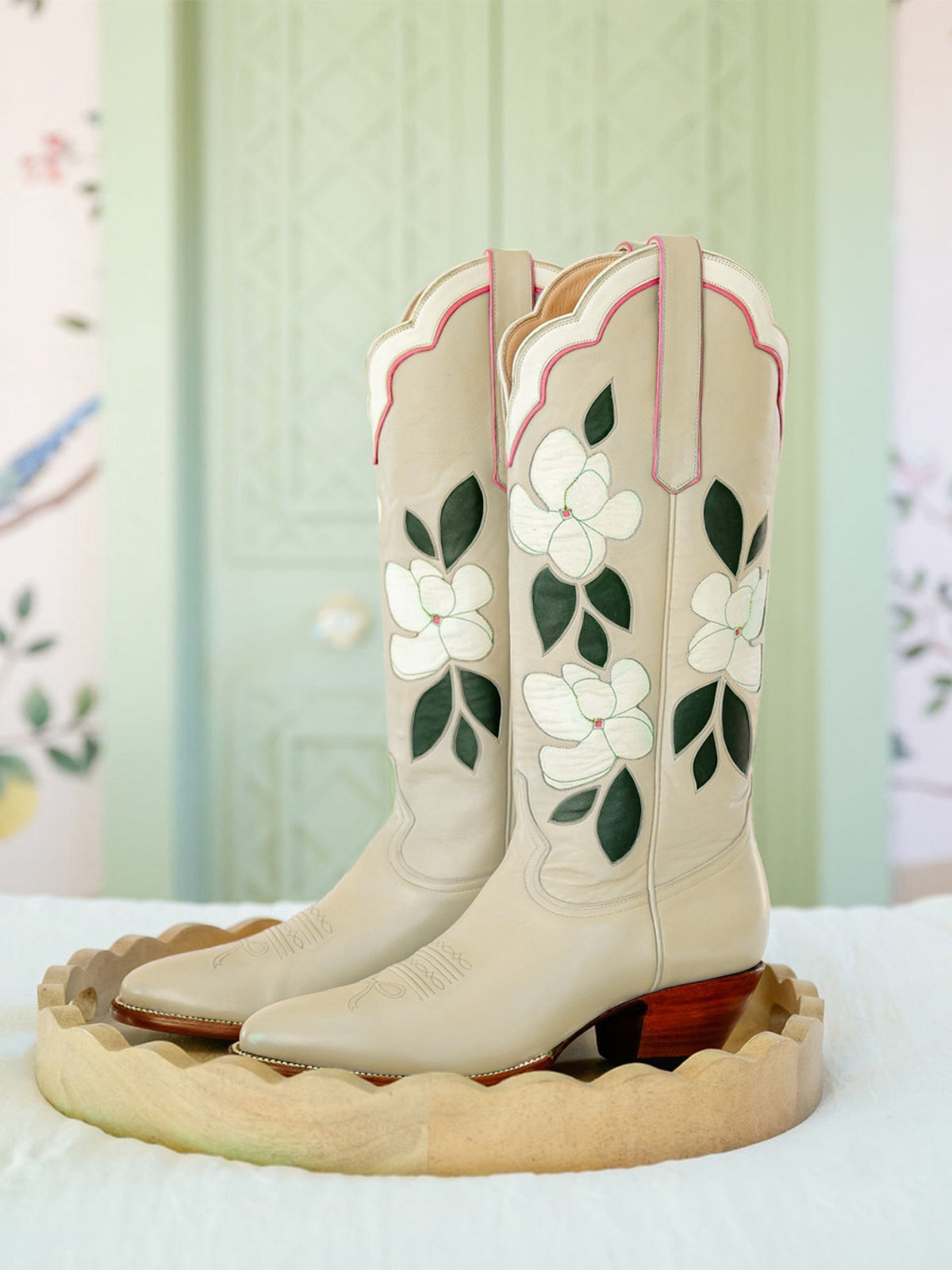 Cream Almond-Toe White Flower Inlay Wide Calf Knee High Cowgirl Boots