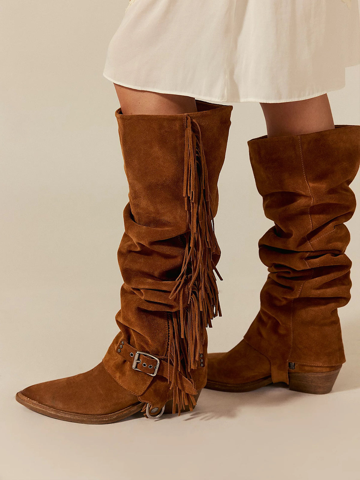 Tan Faux Suede Pointed-Toe Side Fringe Buckle Strap Over-The-Knee Cowgirl Boots