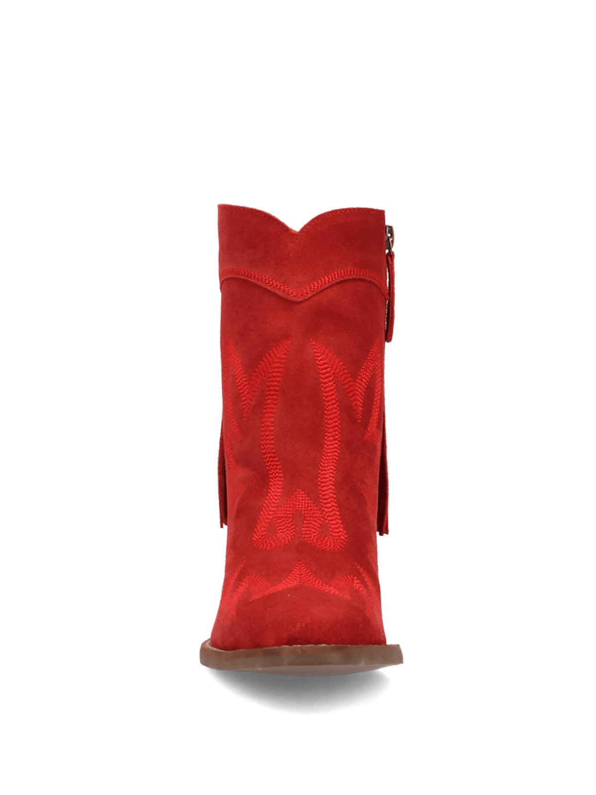 Red Faux Suede Snip-Toe Back Fringe Full-Zip Ankle Cowgirl Boots