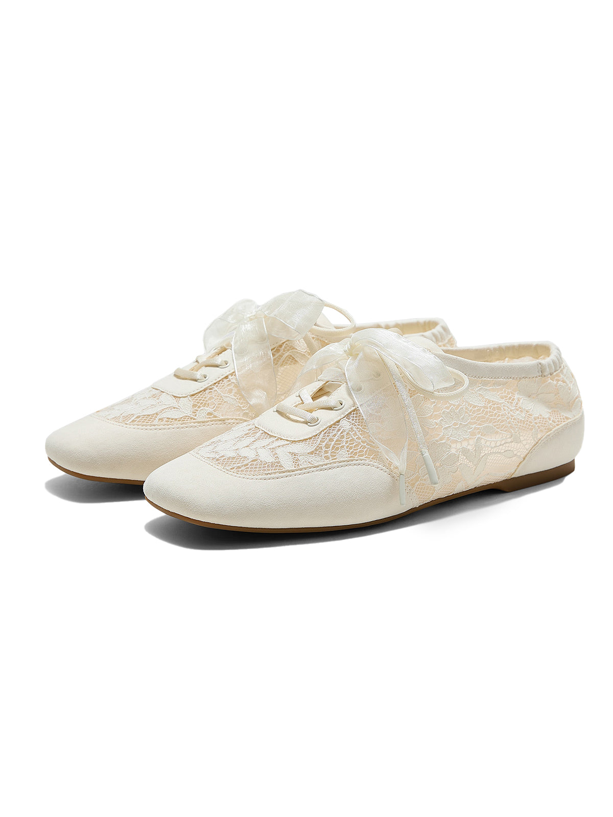 Cream Lace Mesh And Faux Suede Square-Toe Floral Embroidery Lace-Up Flats