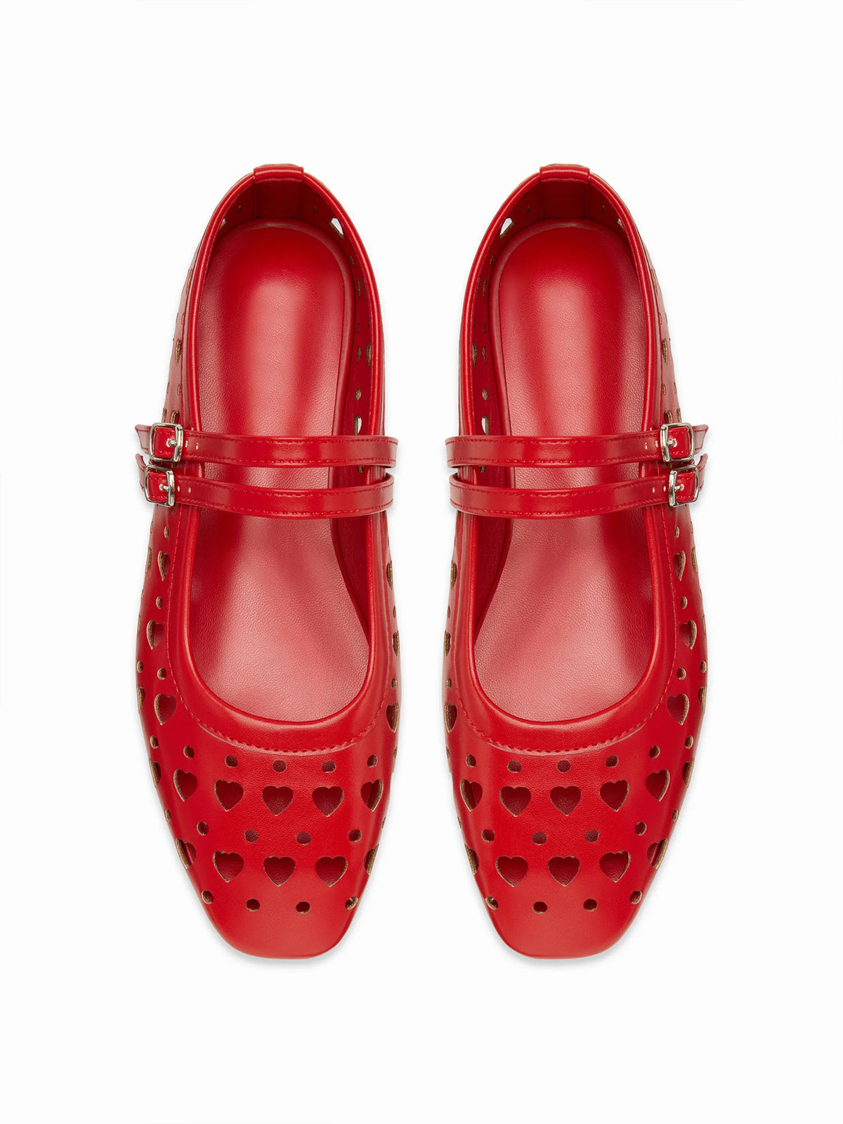Red Square-Toe Heart Cutout Double Mary Jane Flats