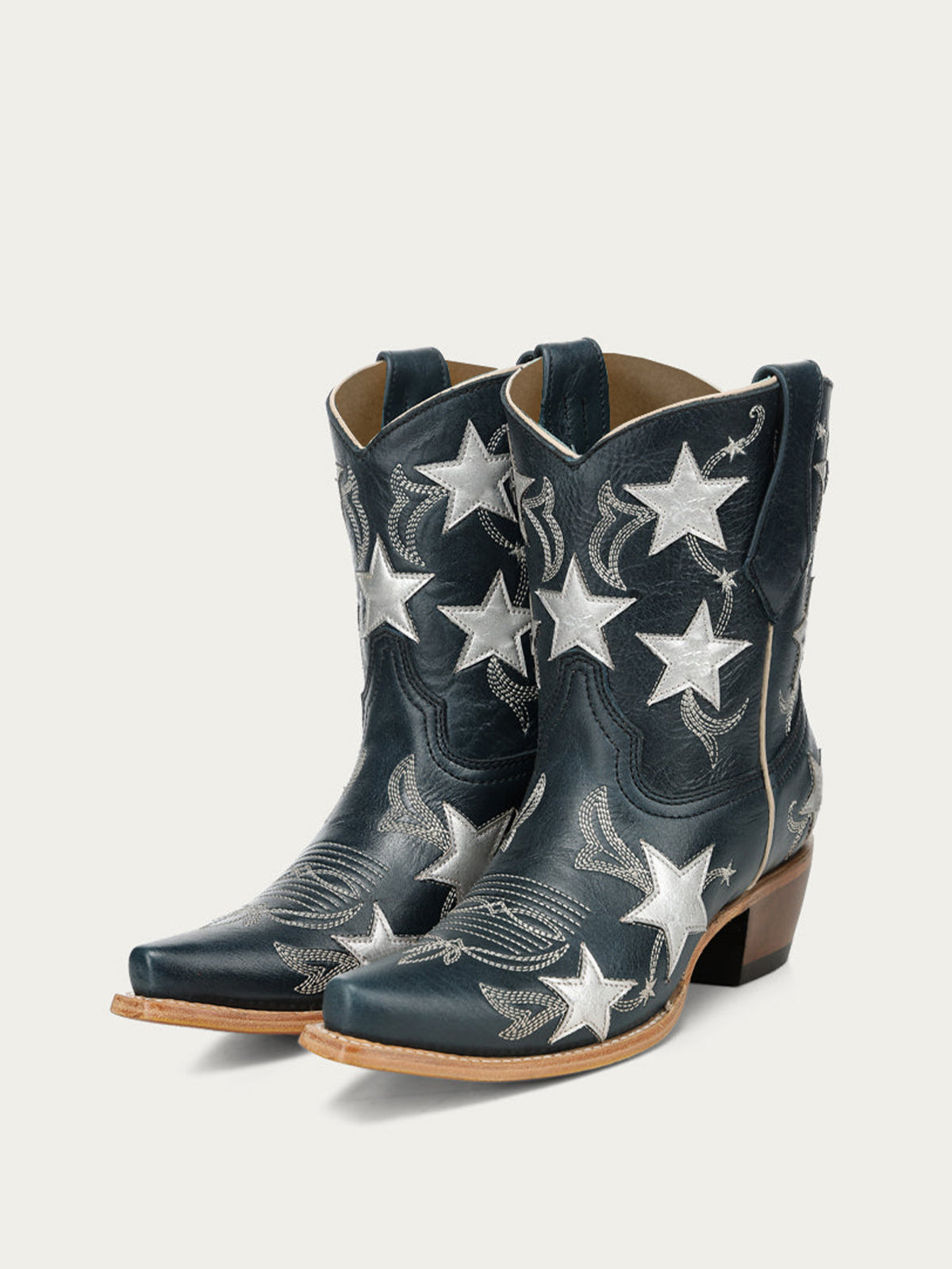Navy Snip-Toe Star Inlay With Embroidery Ankle Cowgirl Boots