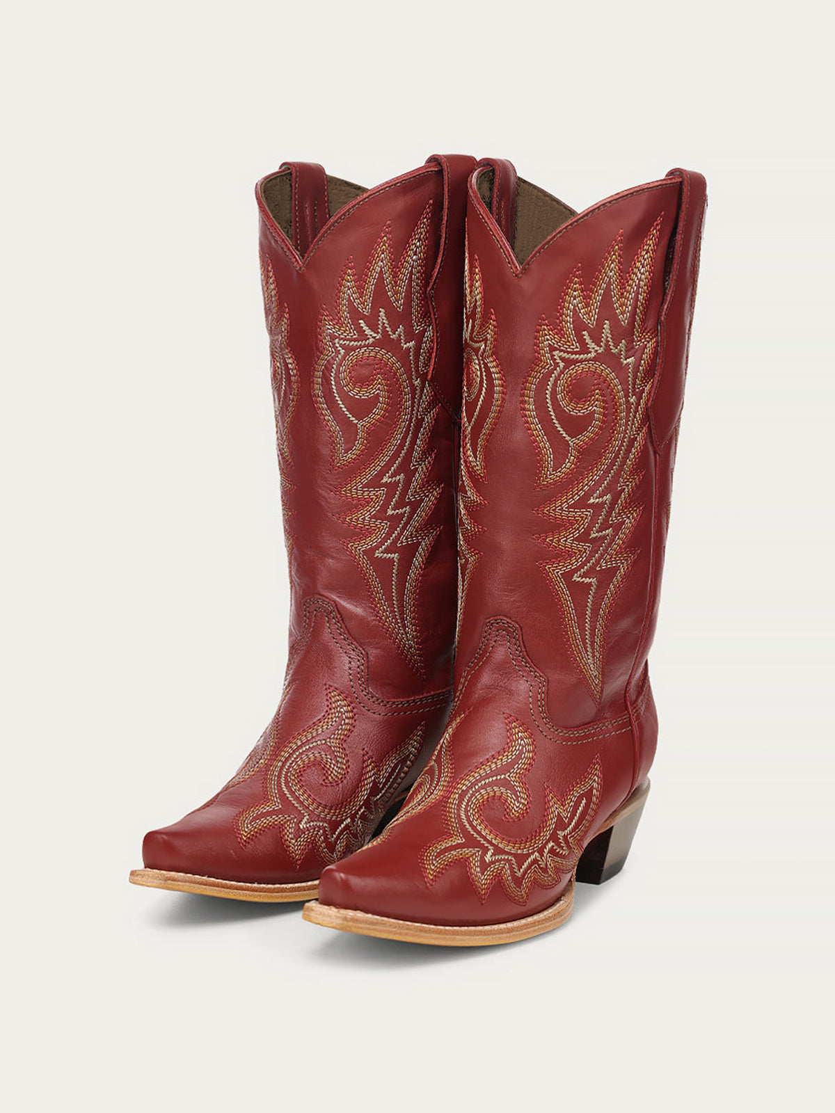 Flames Embroidery Snip-Toe Sleek Mid Calf Cowgirl Boots - Red