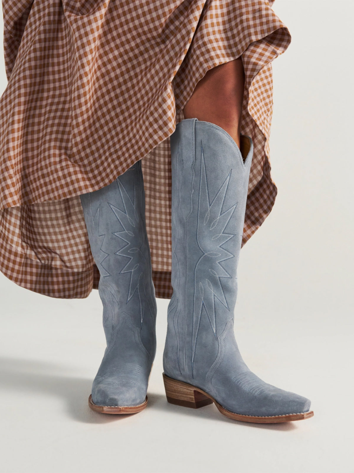 Blue Faux Suede Snip-Toe Stitch Wide Calf Knee High Cowgirl Boots