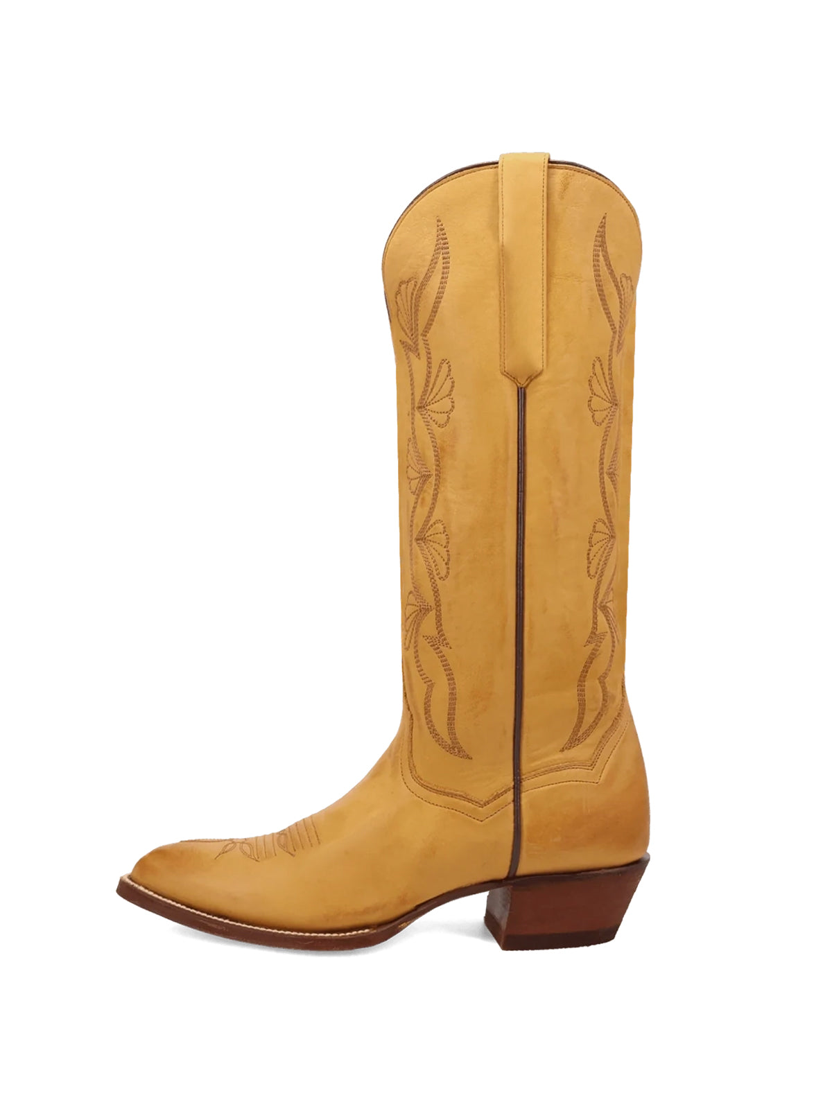 Mustard Yellow Almond-Toe Fan-Shaped Embroidery Wide Knee High Cowgirl Boots