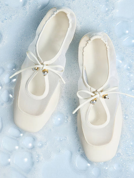 Ivory Mesh And Faux Suede Square-Toe Floral Embroidery Bridge Bow Strap Flats
