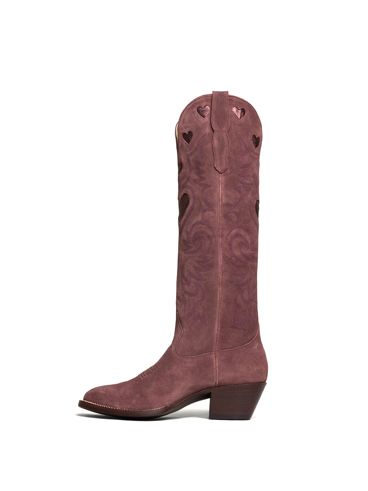 Metallic Heart Inlay Embroidery Almond-Toe Knee High Wide Calf Cowgirl Boots - Wine Red Faux Suede