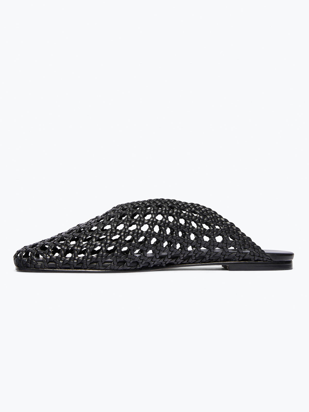 Woven Vegan Leather Square-Toe Ankle Lace-Up Backless Flats - Black