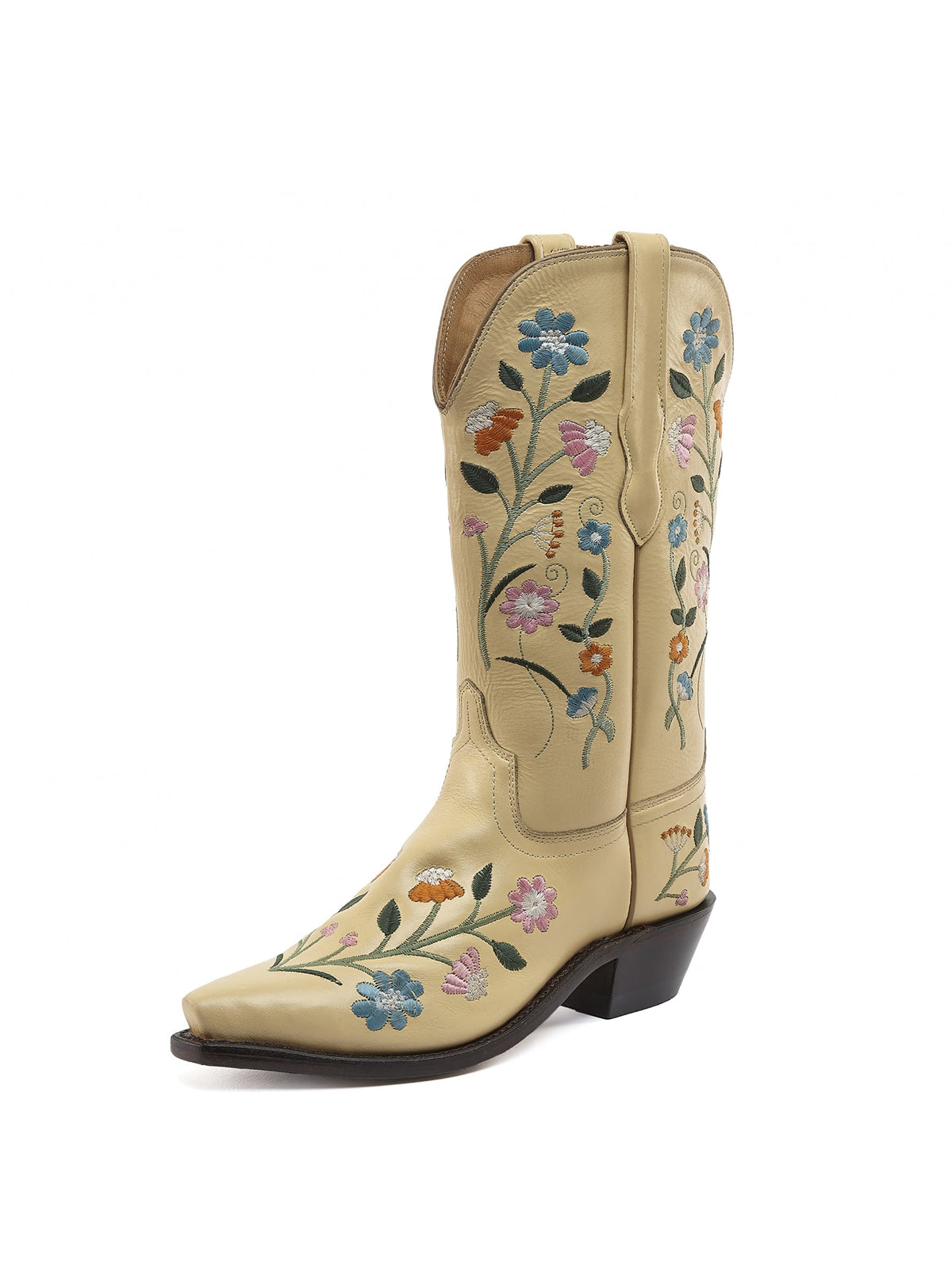 Yellow Floral Embroidery Snip-Toe Wide Mid Calf Cowgirl Boots