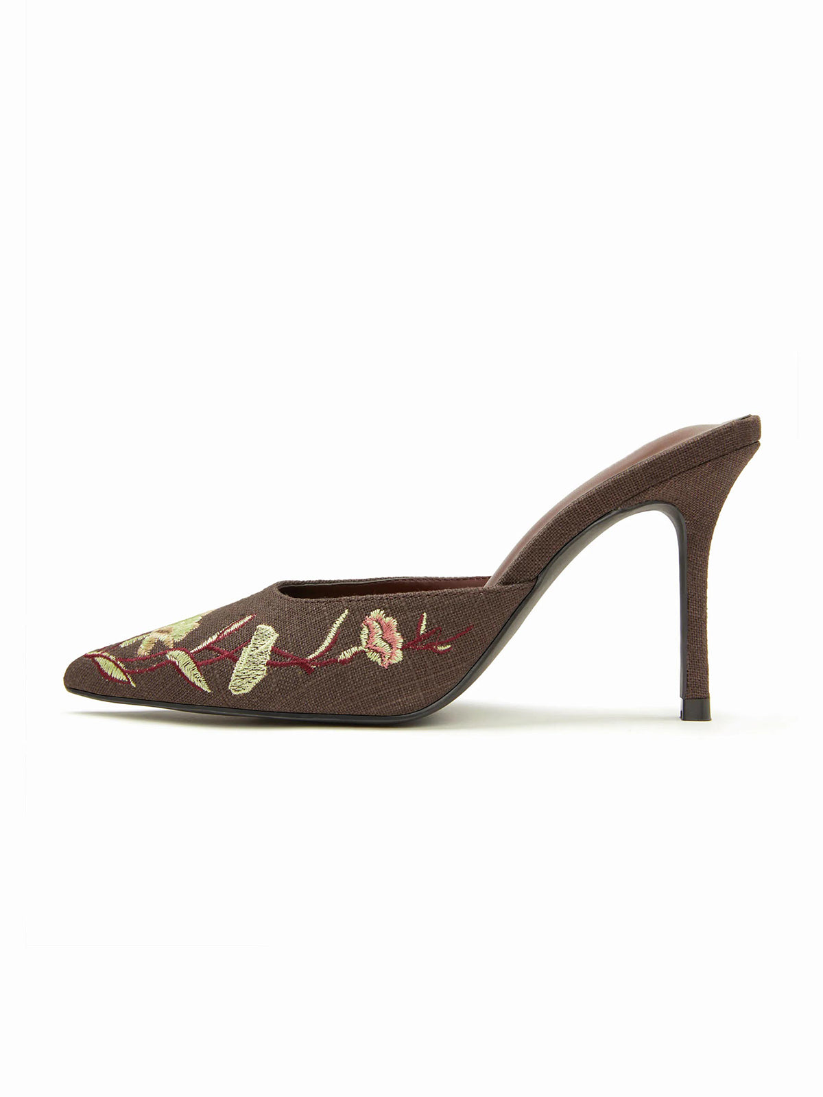 Coffee Woven Canvas Pointed-Toe Flower Embroidery Slip-On High Heels