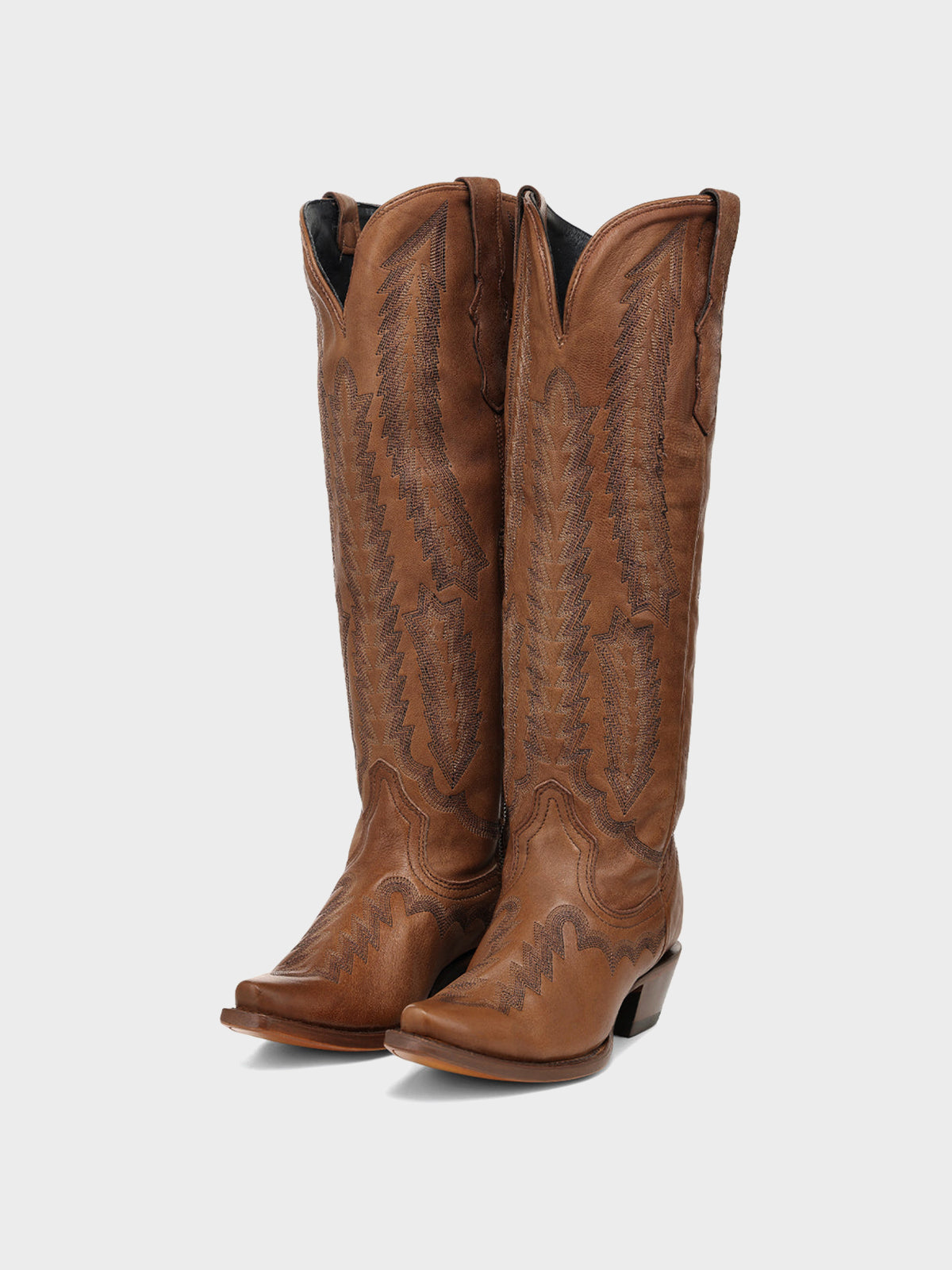 Cognac Sleek Snip-Toe Chic Embroidery Half-Zip Knee High Cowgirl Boots