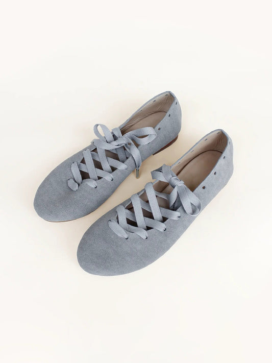 Gray Faux Suede Round-Toe Lace-Up Stylish Ballet Flats