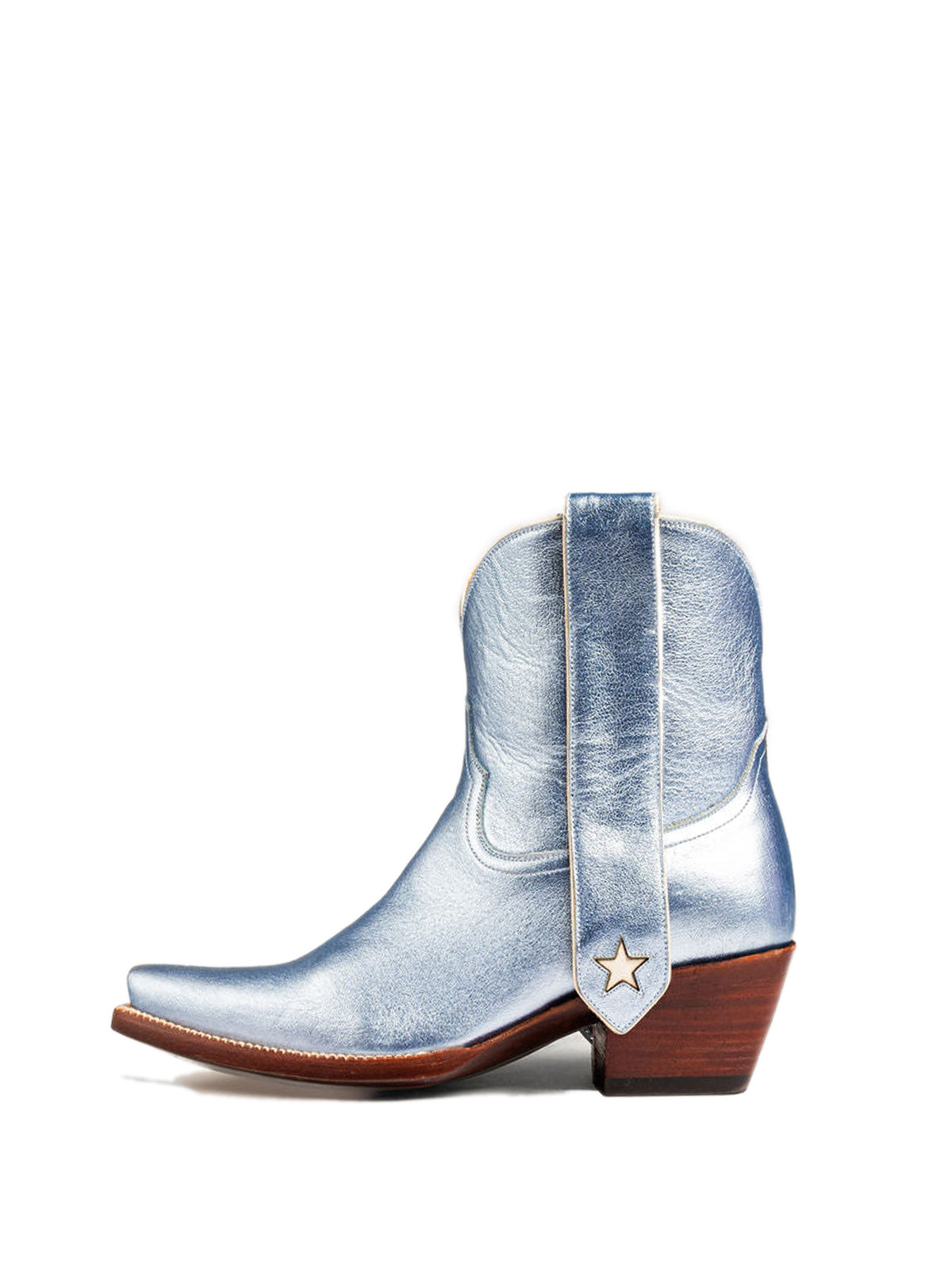 Metallic Blue Snip-Toe Long Ear Pull  With Heart Inlay Ankle Boots
