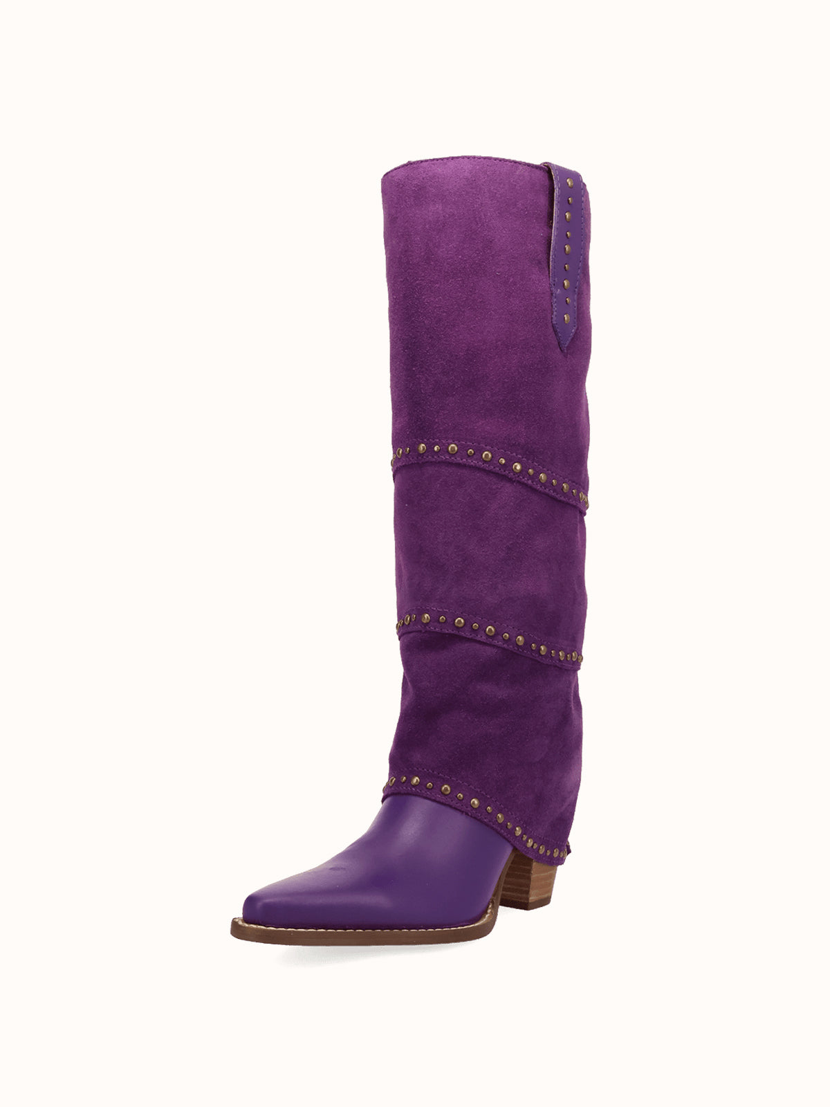 Purple Snip-Toe Faux Suede Fold-Over With Studs Wide Calf Knee High Cowgirl Boots