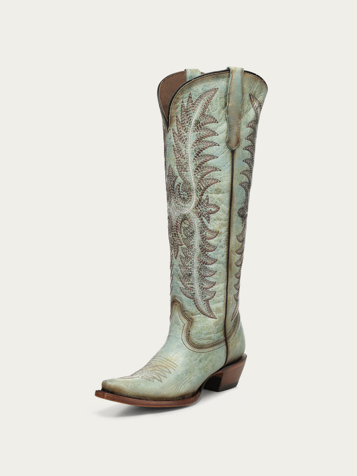 Distressed Turquoise Snip-Toe Embroidery Retro Half-Zip Knee High Cowgirl Boots