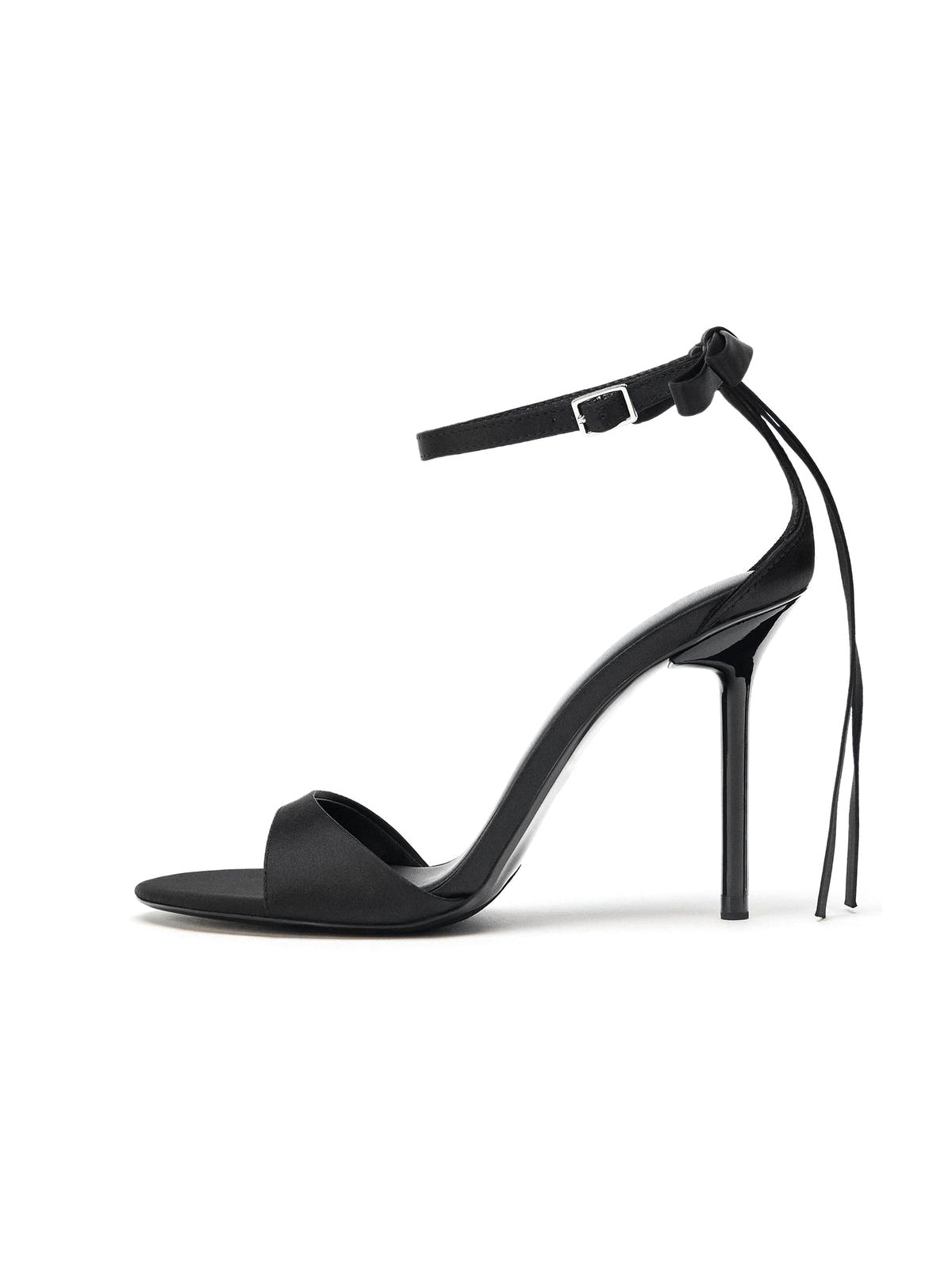 Black Satin Round-Toe Ankle Buckle Strap High Heels