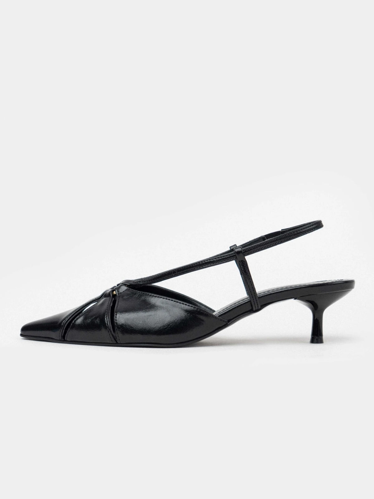 Black Pointed-Toe Elastic Strap Slingback Kitten Heels
