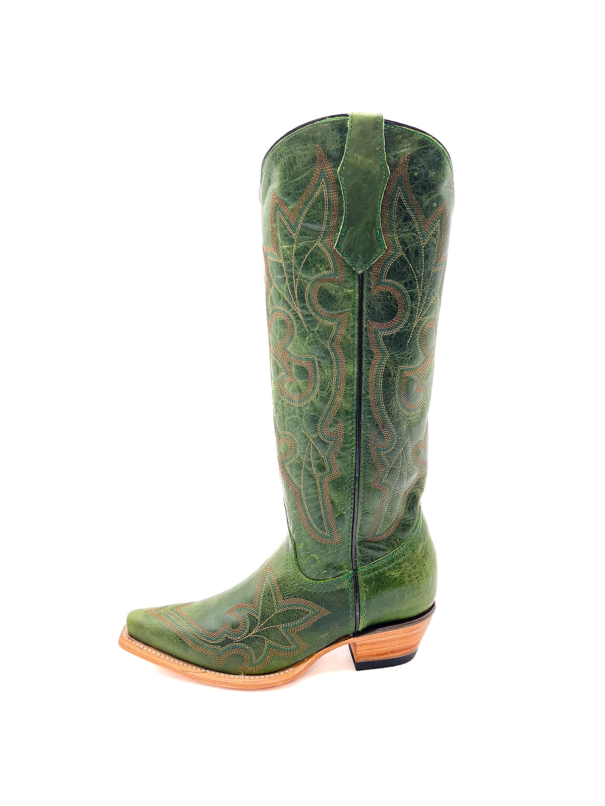 Distressed Green Snip-Toe Classic Embroidery Wide Calf Knee High Cowgirl Boots
