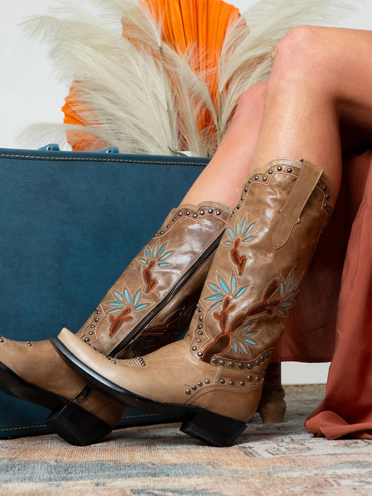 Tan Snip-Toe Cactus Inlay Studded Full-Zip Knee High Cowgirl Boots