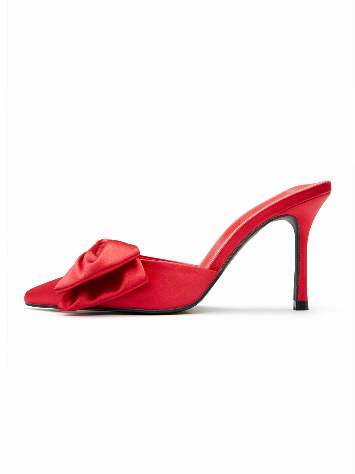Red Satin Pointed-Toe Front Bowknot Slip-On High Heels