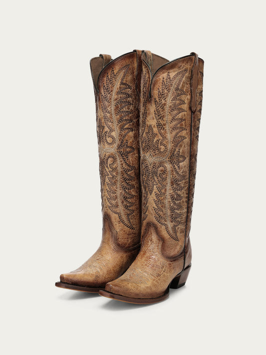 Distressed Tan Snip-Toe Embroidery Retro Half-Zip Knee High Cowgirl Boots