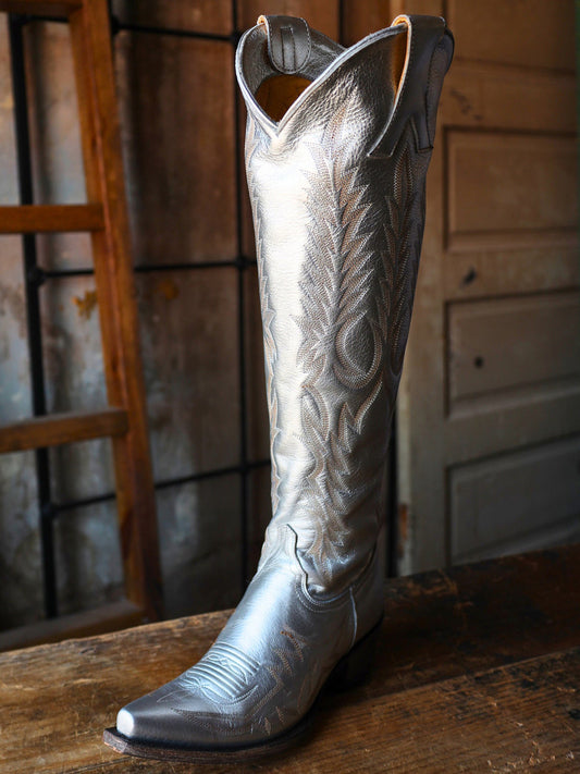 Metallic Silver Half-Zip Snip-Toe Embroidery Tall Knee High Cowgirl Boots