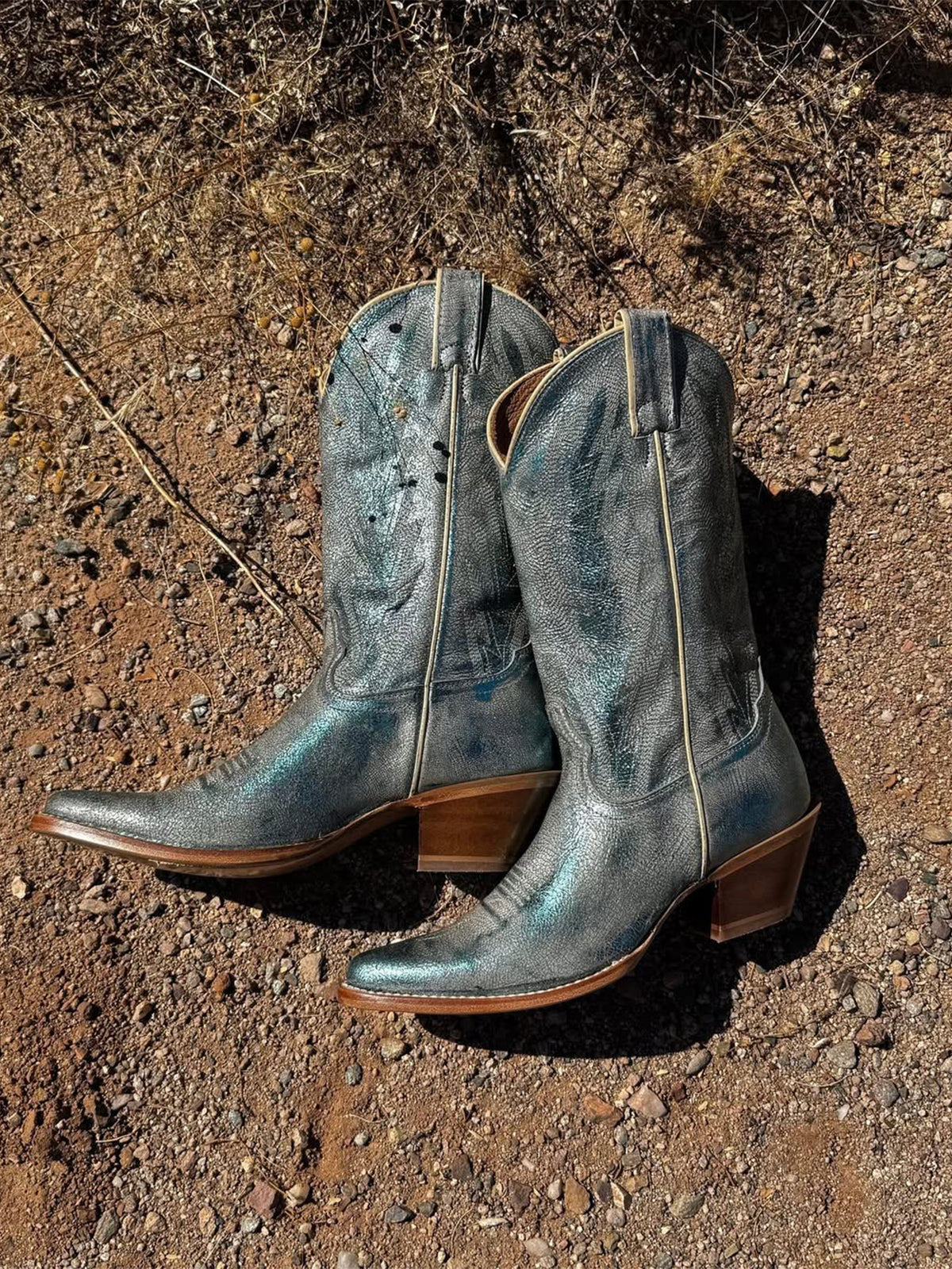 Metallic Brown Almond-Toe Classic Embroidery Mid Calf Cowgirl Boots