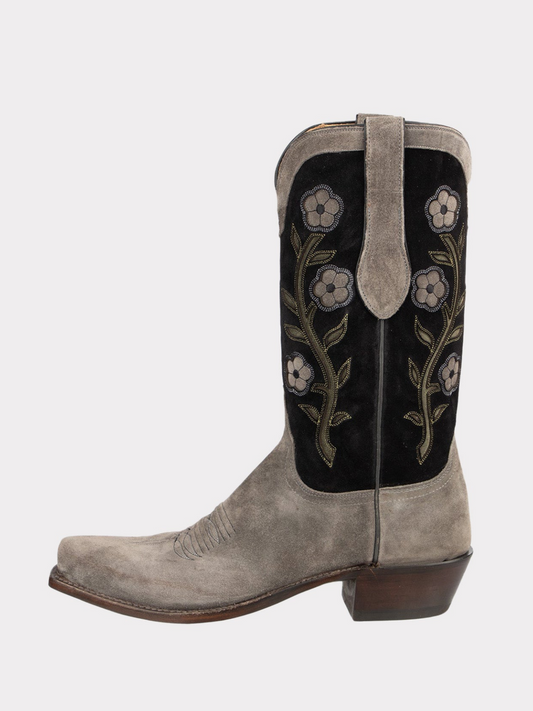 Floral Inlay Faux Suede Almond-Toe Wide Mid Calf Tall Cowgirl Boots - Contrast Black And Gray