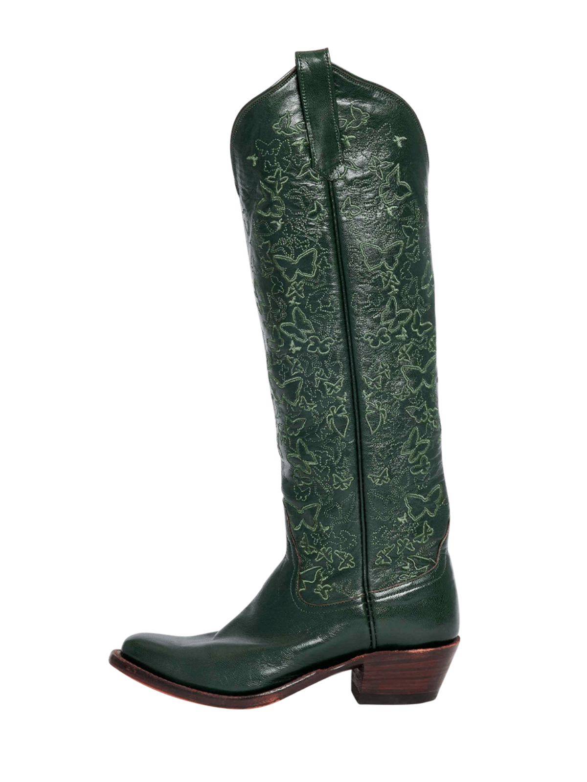 Dark Green Round-Toe Butterfly Embroidery Wide Calf Knee High Tall Cowgirl Boots