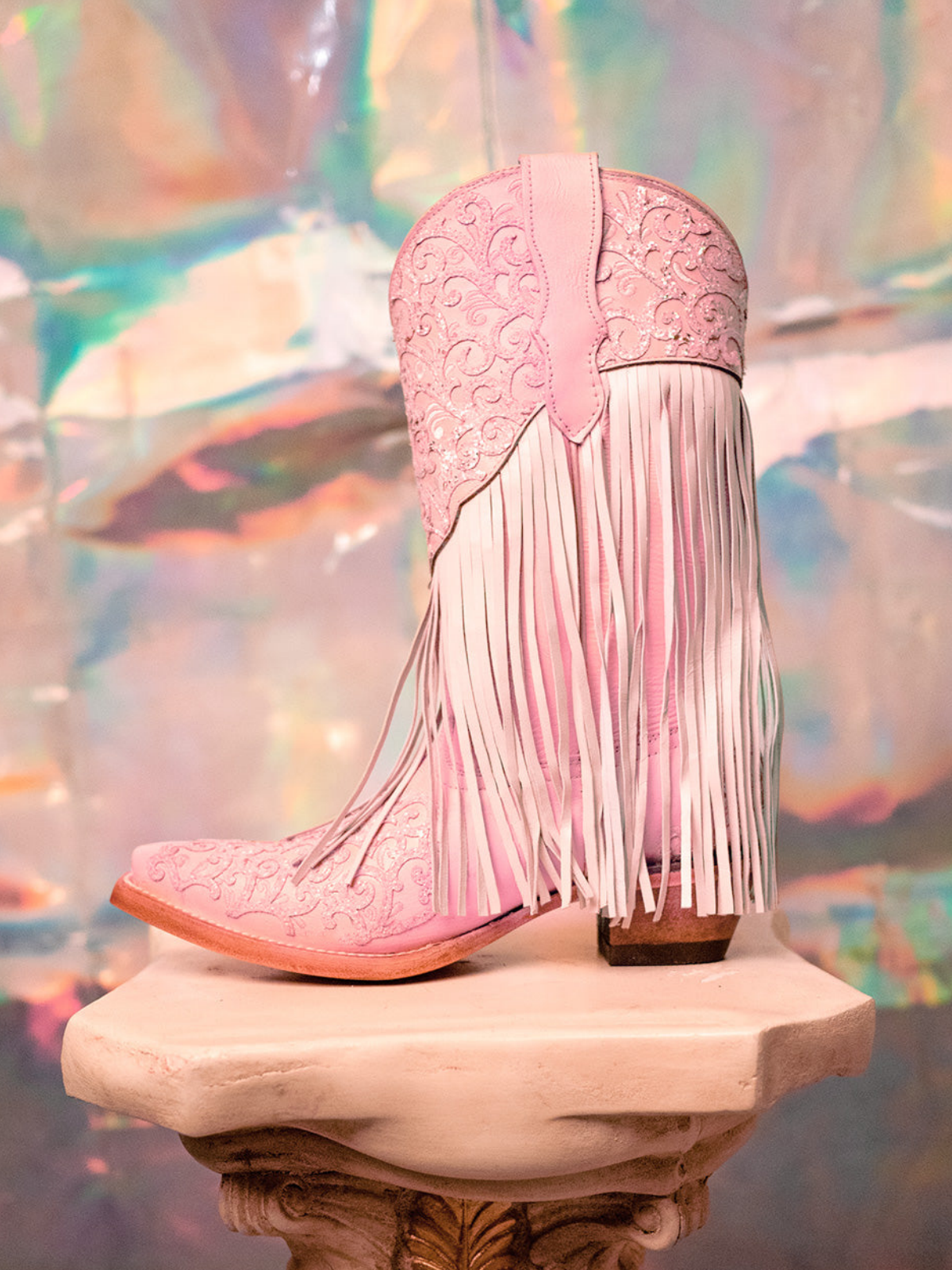 Blush Pink Snip-Toe Fringe Embroidery Filigree Glitter Applique Wide Mid Calf Cowgirl Boots