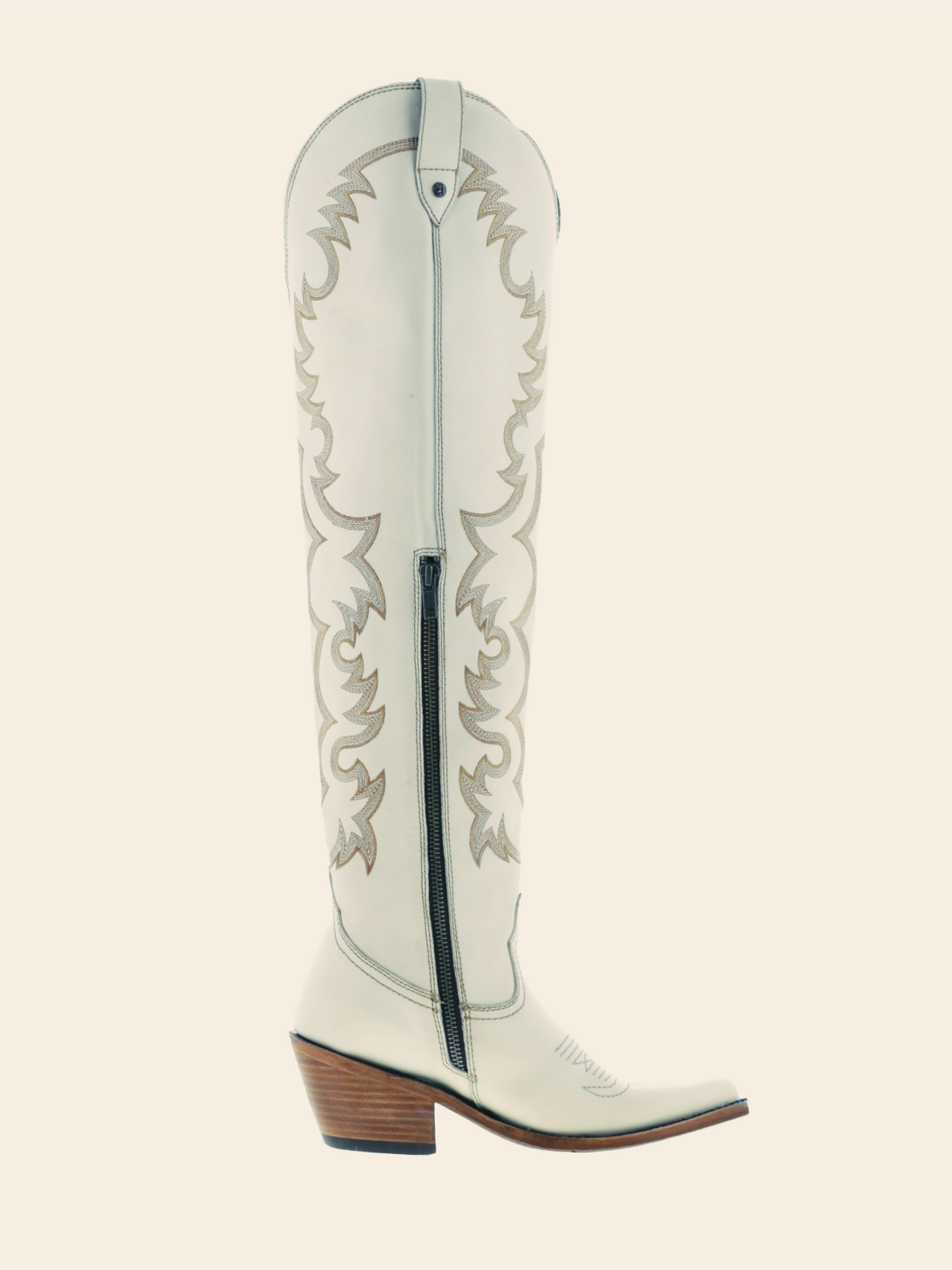 Ivory Embroidery Pointed-Toe Over-The-Knee Western Boots Half-Zip Pocket Cowgirl Boots