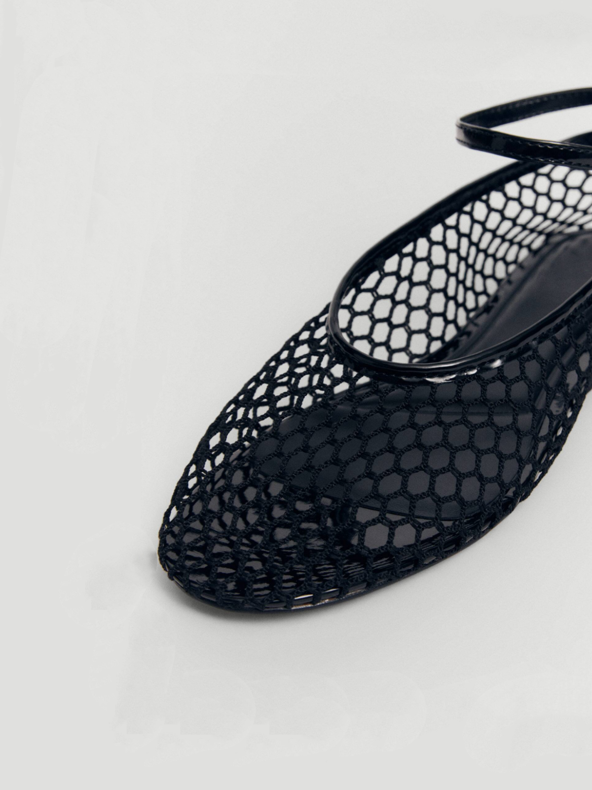 Black Fishnet Mesh Ballet Flats With Buckled Ankle Bracelet