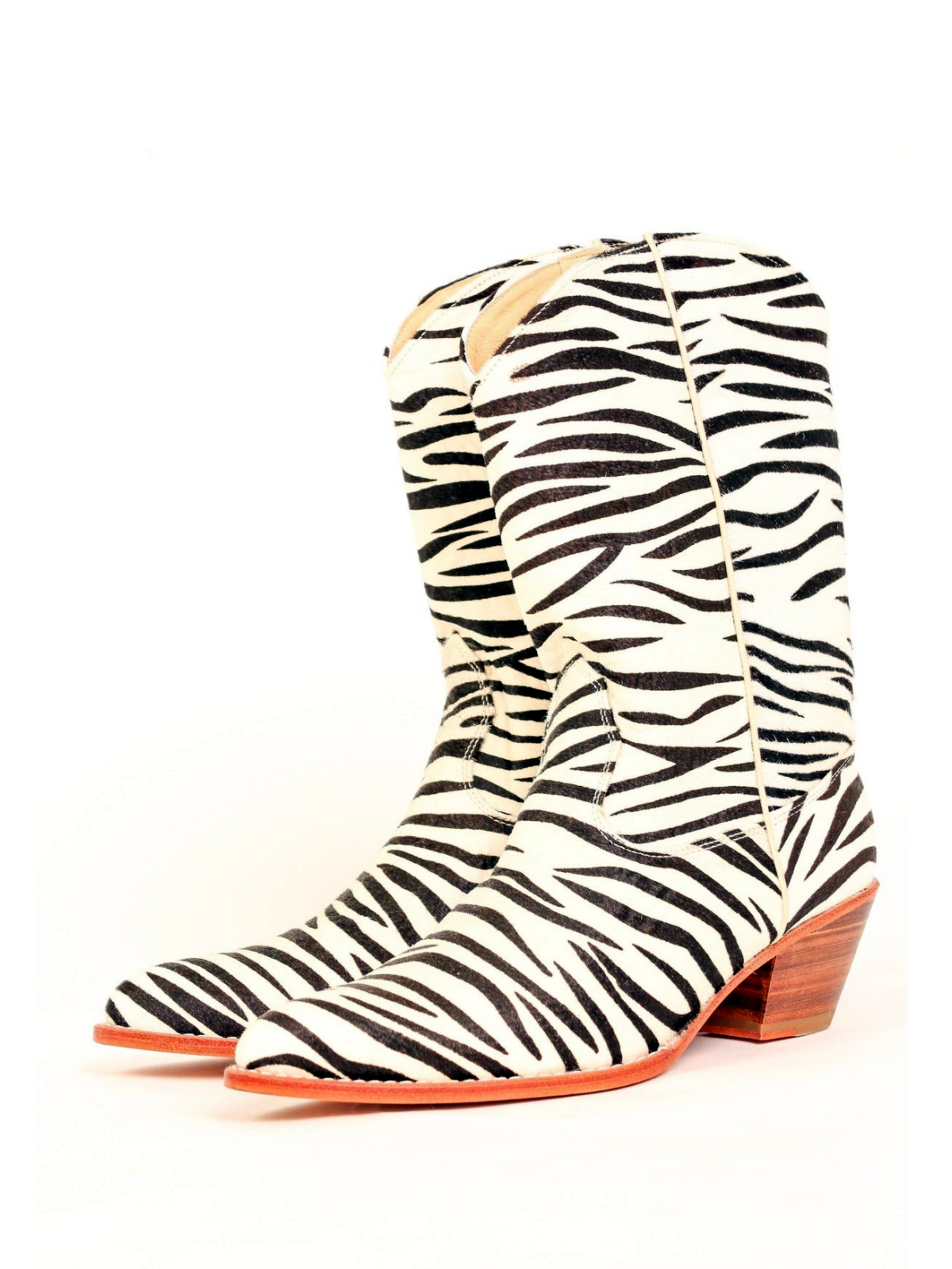 Faux Zebra Print Pony Hair Almond-Toe Back-Zip Mid Calf Cowgirl Boots