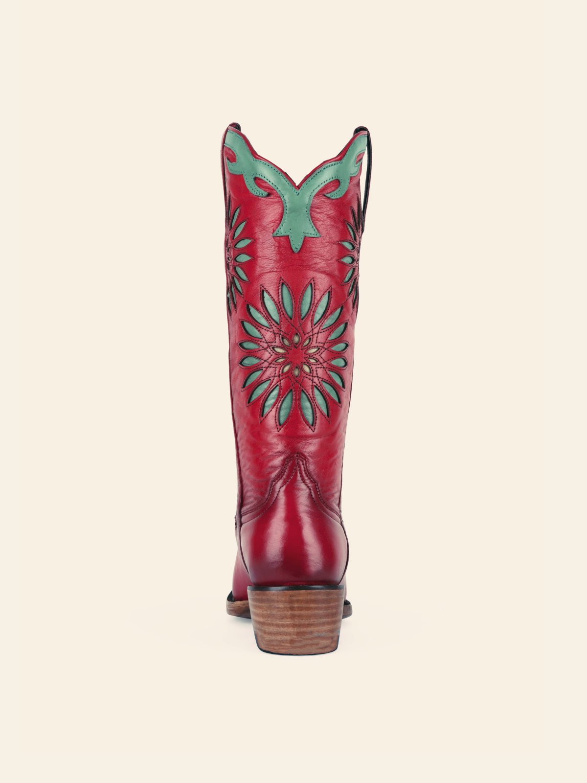 Retro Red Snip-Toe Stitch Mid Calf Western Boots With Green Applique Flower Inlay