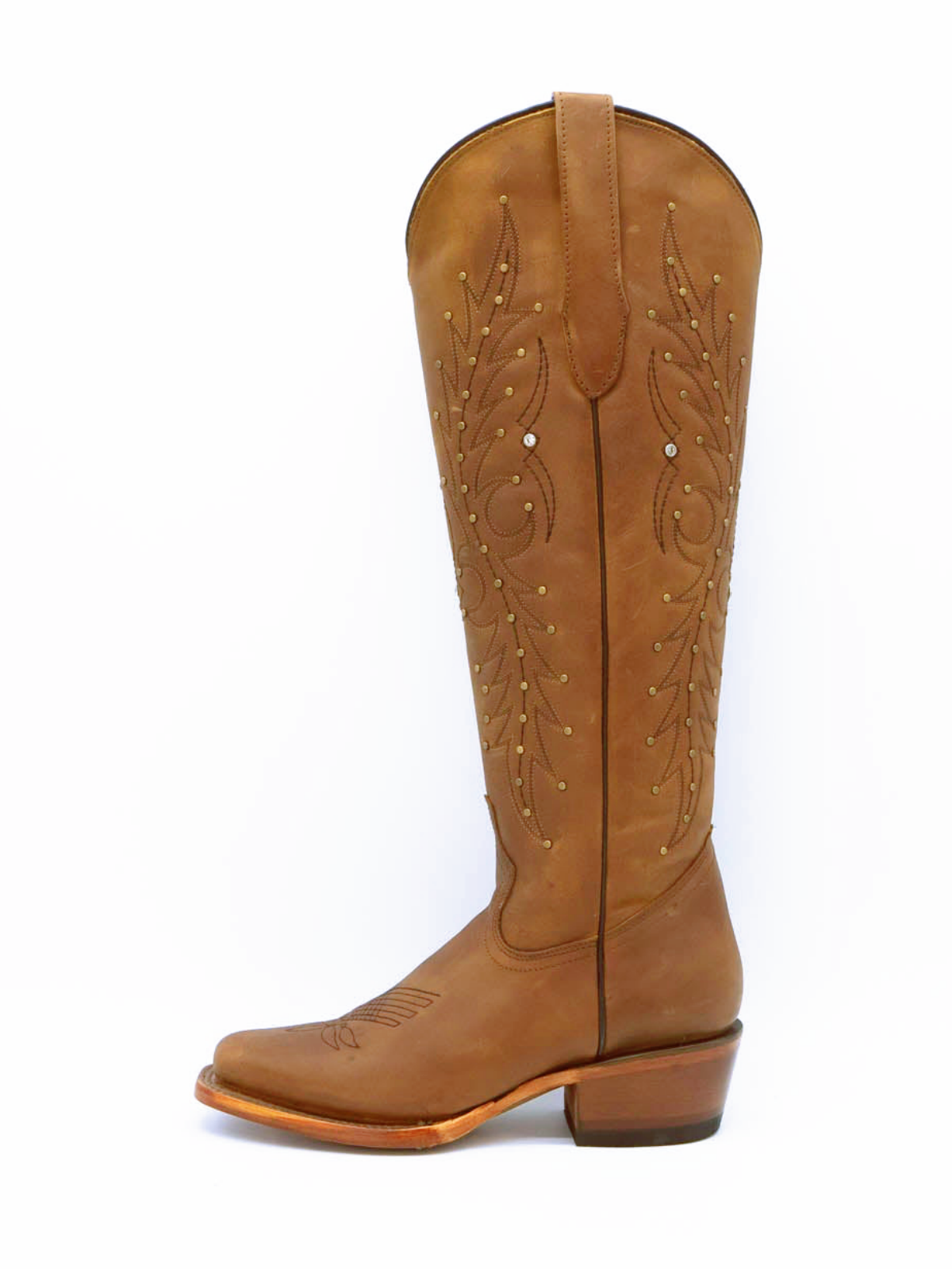 Studded Rhinestone Square-Toe Embroidery Half-Zip Tall Knee High Cowgirl Boots - Brown