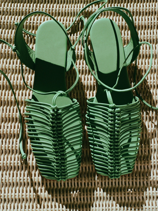 Green Knotted Strappy Square-Toe Flats Self-Tie Sandals