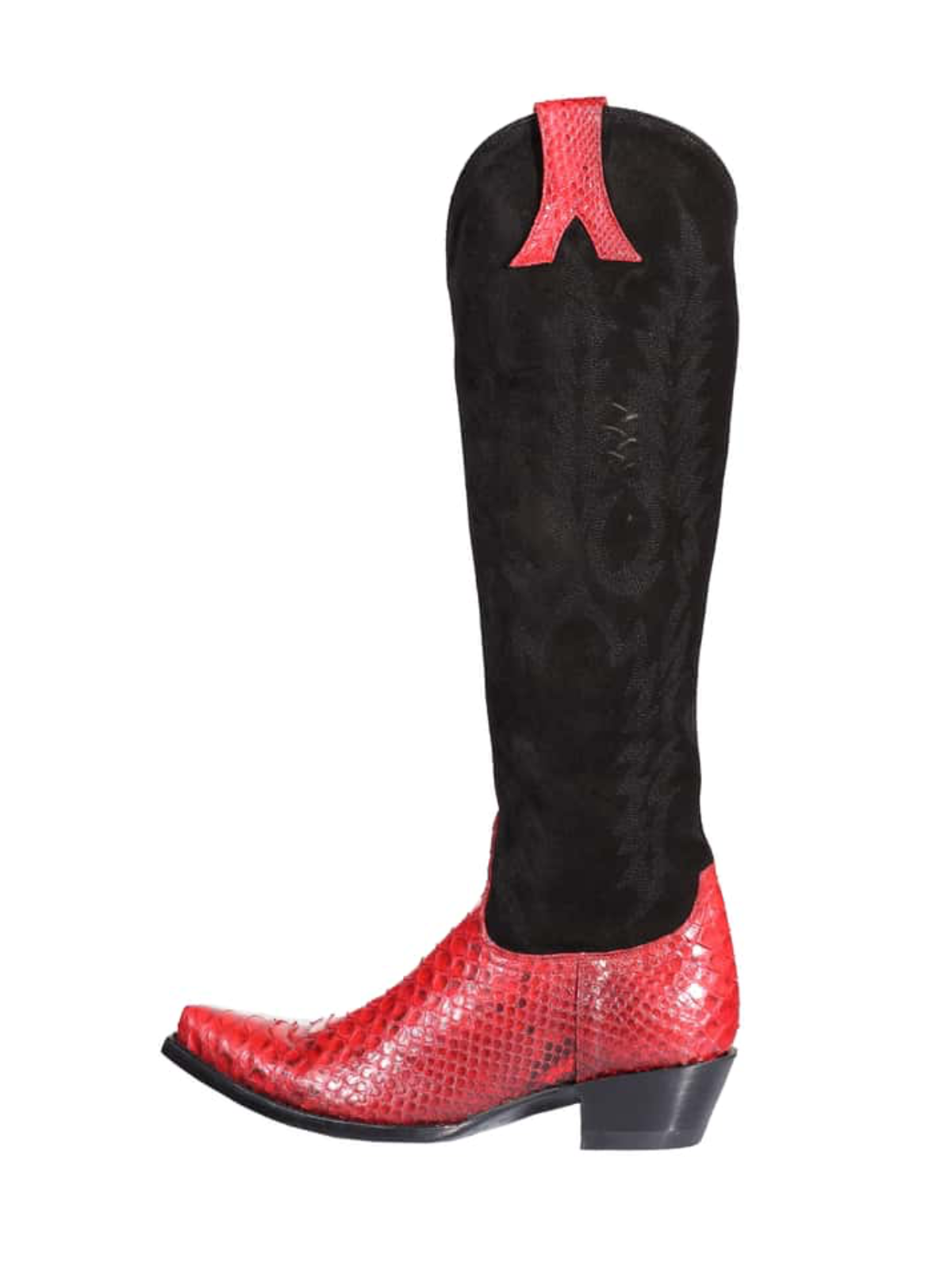 Contrast Black Faux Suede And Red Snakeskin Snip-Toe Embroidery Half-Zip Knee High Cowgirl Boots