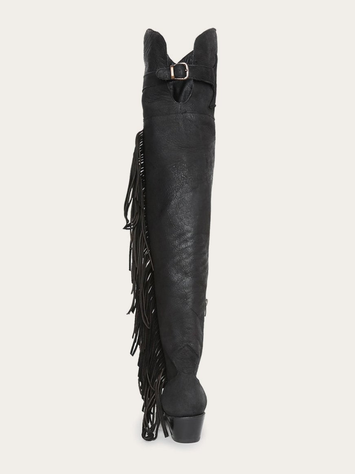 Black Snip-Toe Side Fringe Half-Zip Over-The-Knee Cowgirl Boots